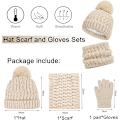 Miniatyrbild 6 av 7: Vintermössa, Halsduk och Vantar Set för Barn, 3-Delar Stickad Varm Crochet Tjock Fluffig Halsduk Pom Pom Mössa Två Fingrar Touch Screen Vantar Set Beige