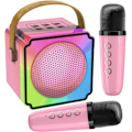 Miniatyrbilde 1 av 8: Barne-Karaoke Maskiner med 2 Mikrofoner, Bærbar Bluetooth-Høyttaler med Fargerike LED-Lys, Stemmeendring, Mini Karaoke-Maskin for Bursdagsgaver Pink
