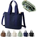Miniatyrbild 1 av 6: Multi-Pocket Tote Bag med dragkedja, Canvas Handgjord Handväska med fack, Multifunktion Satchels Bag för kvinnor Damer Univisity Skola Arbete Resor Dark Blue - Medium