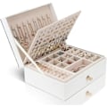 Miniatyrbillede 1 af 5: Smykkeskrin Organizer til Halskæder Øreringe Armbånd Ringe Stort PU Læder Smykkeskrin med 3 Stabelbare Lag (Hvid)