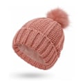 Miniatyrbilde 1 av 7: Vinterstrikket lue for kvinner, fast pompom beanie, varm satengfôr, silkefôr beanie, heklet utendørs beanie Pink