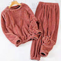 Miniatyrbild 2 av 4: Tjockt Varmt Dam Pyjamas Set Enfärgad Tröja Rund Hals Pyjamas För Tjej Kvinna Älskare Mamma Rose Red 3XL