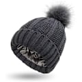 Miniatyrbilde 1 av 7: Vinterstrikket lue for kvinner, fast pompom beanie, varm satengfôr, silkefôr beanie, heklet utendørs beanie Gray