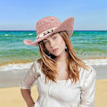 Miniatyrbild 3 av 6: Kvinnors sommarhalm Cowboy Cowgirl Hat Solhattar Bred Brätte Strand Semester Halmhatt med Skalband Pink