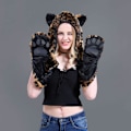 Miniatyrbillede 4 af 8: 3 i 1 Fluffy Plush Dyr Ulv Leopard Hætte Halsklæde Hat med Poter Vanter Handsker Tyk Vinter Varmt Øreklapper Bomber Hat til Kvinder Mænd