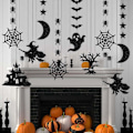 Miniatyrbilde 3 av 7: Halloween Flaggermus og Edderkopp Hengende Sett, 12 stk Halloween Ornamenter Svarte Glitter Flaggermus Heks Edderkoppnett Spøkelse Banner Girlander, Skummel Tema Veggklistremerker Hengende