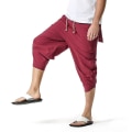 Miniatyrbild 1 av 3: Män 3/4 Linne Shorts Byxor Sommar Casual Capri Lösa Byxor Vinröd S zdq