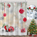 Miniatyrbillede 4 af 5: Jul Duschdraperi Set, Vita Röda Julkulor Pine Tree Badrum Duschdraperi, Tyg Julhelgstema Duschdraperi, 180 x 180 cm