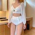 Miniatyrbilde 4 av 5: Sexy Mesh Långärmad Off Shoulder Bikini Set Bow Push Up Baddräkt Hög midja zdq