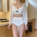 Miniatyrbilde 1 av 5: Sexy Mesh Långärmad Off Shoulder Bikini Set Bow Push Up Baddräkt Hög midja zdq