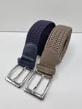 2-pack elastiska flätade bälten för män och kvinnor, stretchvävt canvasbälte med silverspänne för jeans och chinos, blått och khaki, 105 cm