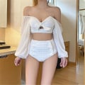 Miniatyrbild 3 av 5: Sexig Mesh Långärmad Off Shoulder Bikini Set Bow Push Up Baddräkt Hög midja zdq