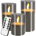 Miniatyrbillede 1 af 5: CDQ-sæt i grå glas, 3 dele (D: 3 \"XH: 4\"/5 \"/6\"), ægte flimmer batteridrevet lys, ægte voks LED-søjlelys, med fjernbetjening med 10 knapper