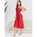Miniatyrbilde 4 av 5: Solid Satin Slip Nattlinne, Elegant V-hals Ryggløs Spaghetti Stropp Nattkjole, Dame Nattøy & Kjoler Rød Red 2XL