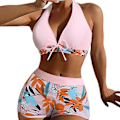 Miniatyrbild 1 av 4: Kvinnors Vadderade Bikini Set med Lövmönster, Halterneck BH, Knyttop, Hög Midja, Pojkshorts, Baddräkt, Sommarstrandkläder (3XL Ljusrosa)