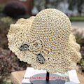 Miniatyrbilde 2 av 5: Elegant Heklet Halmhatt med Volangdetalj Dame Sommer Strand Halmhatt Navy blue m