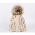 Miniatyrbilde 2 av 5: Hatt og skjerfsett for barn, vinterstrikket lue og langt skjerfsett med kunstig pels pom poms - Kaffe