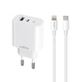 Maxlife MXTC-06-20AC PD QC laddare 1x USB-C 1x USB 20W vit + USB-C - Lightning kabel 20W vit