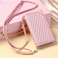 Miniatyrbild 4 av 7: Long Lanyard läder fodral för iphone 14 plus med 7 kortplatser rosa rosa