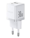 Baseus Palm Snabbladdare Väggladdare 30W USB-C USB-A EU Månvit vit