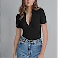 Pikkukuva 5 / 5: Tiukka haalari yläosa Slim Deep V-kaula lyhythihainen yksivärinen kääntyvä kaulus Ribbed One Piece Top (S Musta)