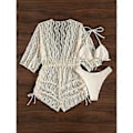 Miniatyrbild 4 av 5: 3-delars Dam Badkläder Set BH Hög Skuren Trosor Sommar Badkläder Med Omslag (XL Beige)