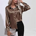 Miniatyrbilde 1 av 5: Vår Høst Sateng Bluse Imitert Silke Langermet Skjorte for Dame Plus Size Løse Topper (XL mørk khaki)
