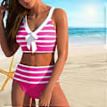 Miniatyrbillede 1 af 5: Dame Skulderstrop Badedragt med Grå Hvid Stribet Print Bikini Kort Tank Top Badedragt (L rose)
