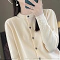 Miniatyrbilde 1 av 5: Vår og høst dame cardigan ensfarget rund hals enkeltradet strikket underdels dame genserjakke (M beige)
