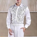 Miniatyrbillede 2 af 5: Herre Luksus Pailletter Performance Skjorte Revers Langærmet Enkeltknappet Bryllupsscene Skjorte Slim Fit Formel Casual Skjorte Toppe (XL gylden)