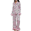 Miniatyrbilde 1 av 4: Kvinners Pyjamassett med Fjærkant, Lang Erme, Knapper, Todelt Lounge-sett, Satin PJs, Pyjamas, Nattøy (M Rosa Blad)
