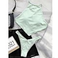 Miniatyrbild 2 av 4: Dam Badkläder Baddräkt Högmidjad Baddräkt Tvådelad Baddräkt Bikini Set Bikini Fiis Flerfärgad Valfritt (M GRÖN)