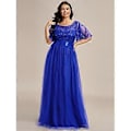 Miniatyrbillede 1 af 5: Ever-Pretty Dame Plus Size Sequin Broderi A-Linje Kortærmet Bryllupsgæstekjole (4XL safirblå)
