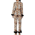 Miniatyrbilde 2 av 4: Kvinners Pysjamassett med Fjærkant, Lang Erme, Knappestopp, Todelt Lounge-sett, Satin Pjs, Pyjamas, Nattøy (M Leopard)