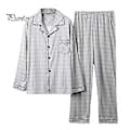 Miniatyrbillede 1 af 5: 2 stk./sæt Herre Pyjamas Sæt Plaid Print Revers Langærmet Enkeltknappet Skjorte Elastisk Talje Lange Bukser Sæt Løs Pasform Loungewear Sæt (XXL lysegrå)