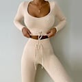 Miniatyrbillede 2 af 4: Træningsdragt til kvinder med snøretræk, sømløs langærmet top, ribber, højtaljede leggings, afslappet outfit, træningsdragt (S Orange)