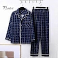 Miniatyrbillede 2 af 5: 2 stk./sæt Herre Pyjamas Sæt Plaid Print Revers Langærmet Enkeltknappet Skjorte Elastisk Talje Lange Bukser Sæt Løs Pasform Loungewear Sæt (XXL mørkegrøn)