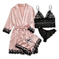 Miniatyrbild 1 av 5: Dam Pyjamas Satin Lingerie Set 4-delars Nattkläder Hemkläder Sovkläder Sexig Spets Blommig Pjs med Kjol Lila(S cameo brown)