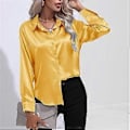 Miniatyrbilde 1 av 5: Vår Høst Sateng Bluse Imitert Silke Langermet Skjorte for Dame Plus Size Løse Topper (L gul)