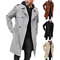 Miniatyrbilde 2 av 5: HERRER Vindjakke Høst Vinter Ensfarget Lapel Lang Erme Dobbel Bryst Lommer Belte Slank Passform Lang Frakk Streetwear (2XL Svart)