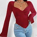 Miniatyrbillede 4 af 5: (NYT MØNSTER) Dame Langærmet Cropped Top Tee Firkantet Hals T-shirt Ensfarvet Asymmetrisk Bluse Strikket Ribbet Cropped Top (style10259)