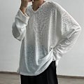 Miniatyrbillede 3 af 5: Mænd Forår Efterår O-Hals Langærmet Trøje Solid Farve Løstsiddende Waffle Struktur T-shirt Streetwear (2XL Sort)
