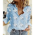 Miniatyrbillede 1 af 4: Forår Efterår Blomsterprint Skjorte Casual Løs Langærmet Bomuld Linned Skjorter Plus Size Dame Toppe (4XL lyseblå)