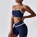 Pikkukuva 5 / 5: 2-osainen Jooga-asu Värilohko Spaghettihihnallinen Ristivyötäröinen Naisten Urheilujooga-asu Juoksuun (XL Shorts Midnight Blue)