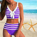 Miniatyrbilde 1 av 5: Dame Skulderstropp Badedrakt med Grå Hvit Stripete Print Bikini Kort Tank Top Badedrakt (M lilla)