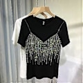 Miniatyrbilde 3 av 4: Chic Sommer Diamant Kort Ermet T-skjorte For Kvinner Casual Ensfarget O-hals T-skjorte Dame Streetwear Tees Topp(L hvit)