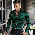 Miniatyrbillede 2 af 4: Lysende satin top til mænd, ensfarvet, draperet langærmet skjorte, højkvalitets skjorter til forretningsmænd (3XL sort)