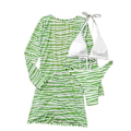 Miniatyrbillede 3 af 4: Dame 3-delt badedragt Tie Dye Halter Bikini Sæt med langærmet strandkjole Grønne striber (L)