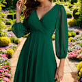 Miniatyrbillede 4 af 5: Elegant Chiffon V-hals Langærmet Plisseret A-linje Midilængde Bryllupsgæst Kjole XL Sort