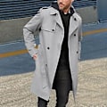 Miniatyrbillede 3 af 5: Mænd Efterår Vinter Ensfarvet Vindjakke Lapel Langærmet Dobbeltbrystet Lommer Bælte Slank Pasform Lang Frakke Streetwear (XL Sort)